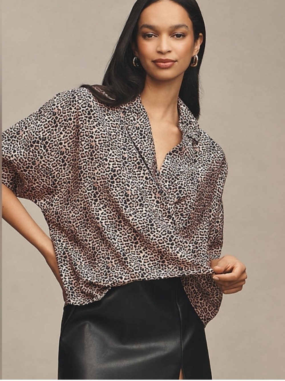 ANTHROPOLOGIE The Dylon Short Sleeve Wide Placket Top Sz XL Printed Leopard